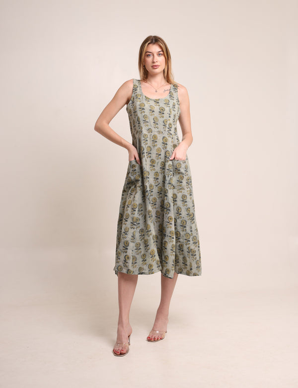 Linen floral block printed gown dress