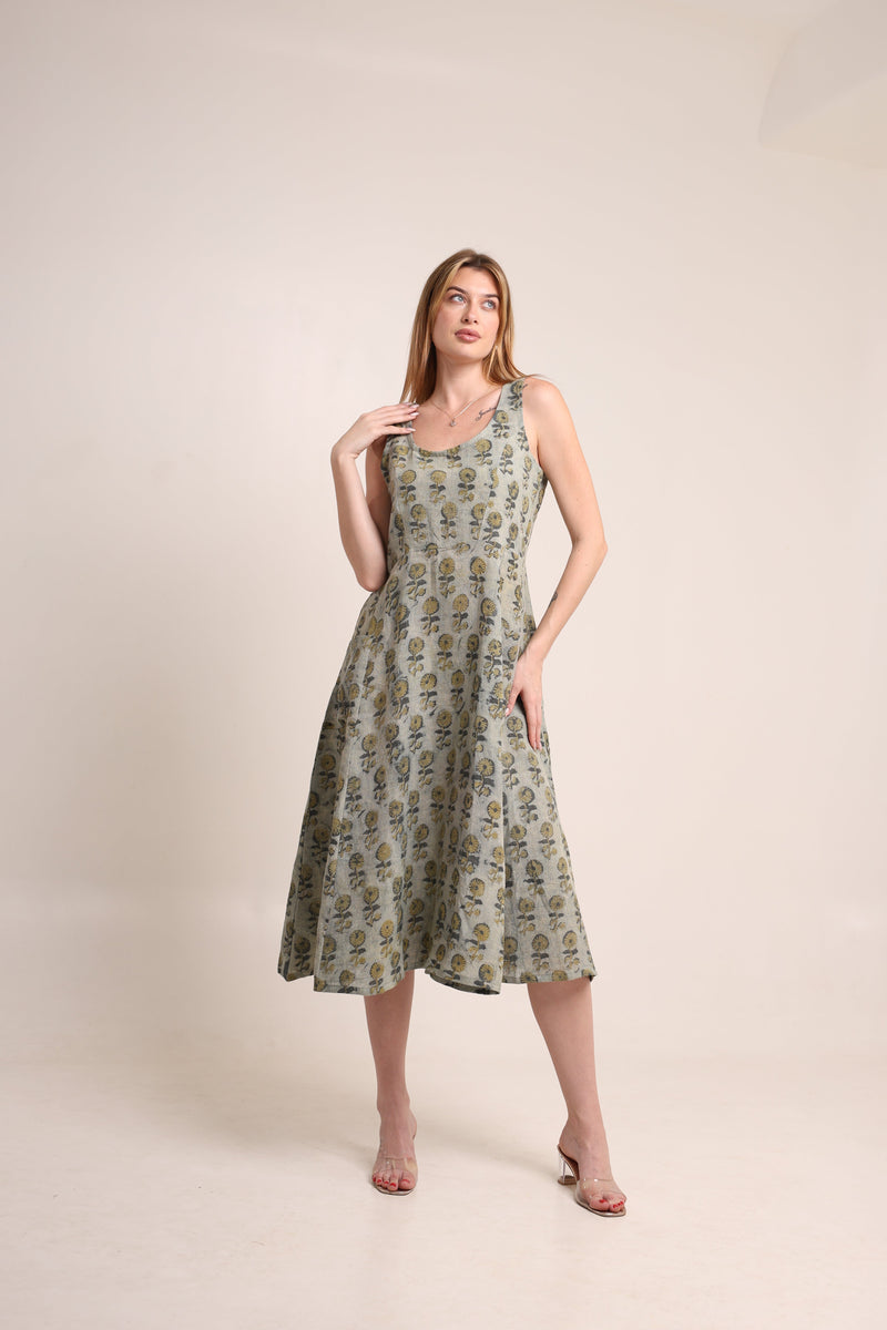 Linen floral block printed gown dress