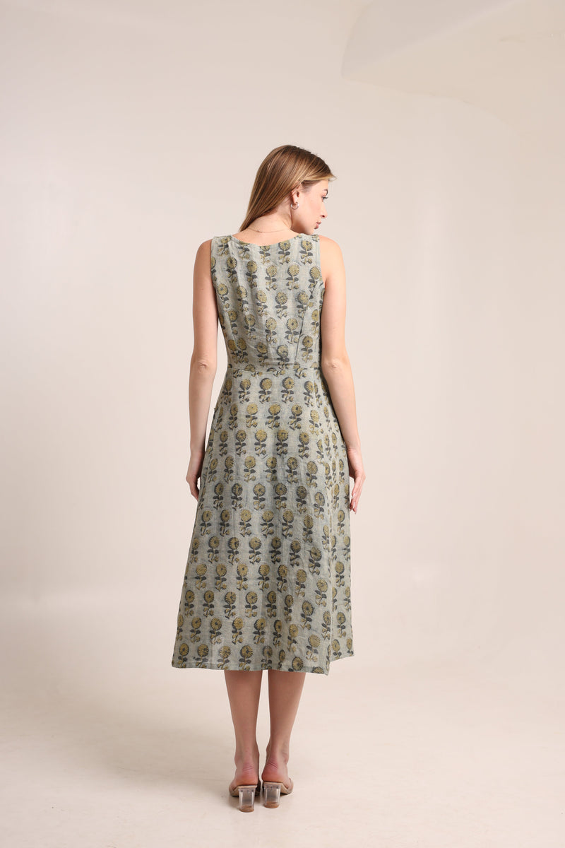 Linen floral block printed gown dress