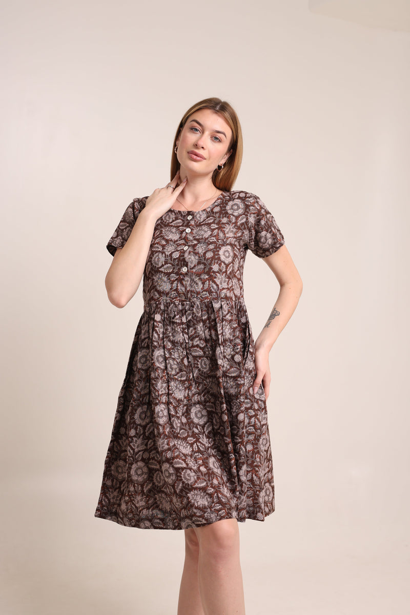 Linen Casual A-line dress with round neckline