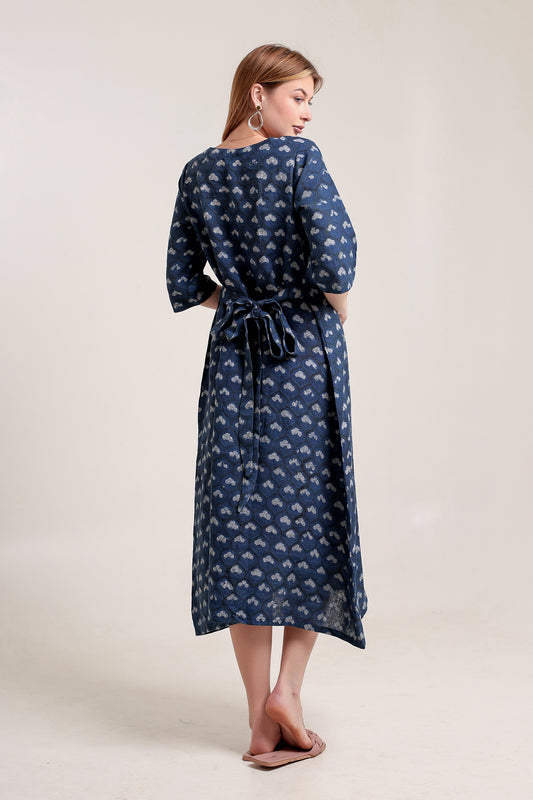 Block Printed Blue and White Floral in Pure Linen Maxi Dress for Women - Elegant Summer & Casual Wear