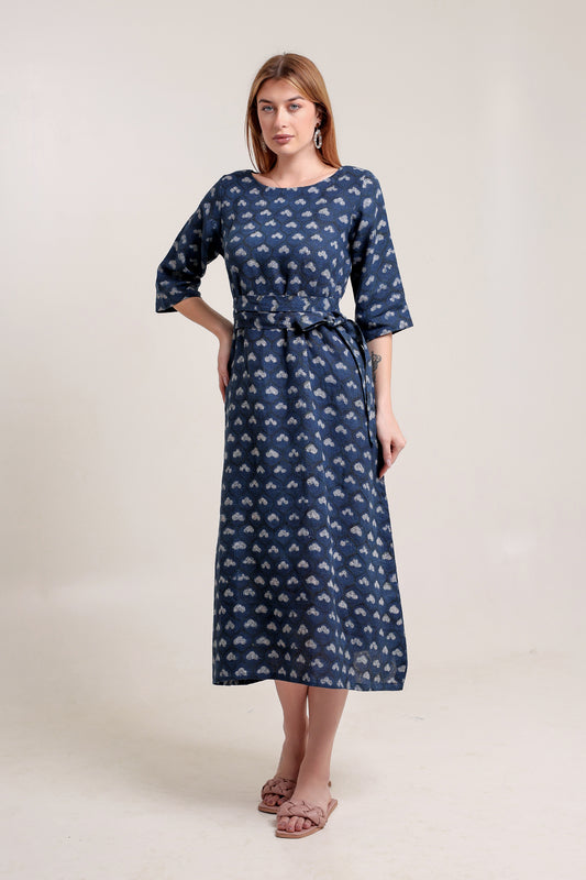 Block Printed Blue and White Floral in Pure Linen Maxi Dress for Women - Elegant Summer & Casual Wear