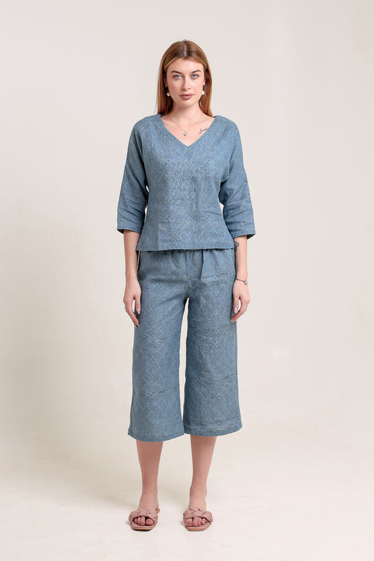 Blue Floral Hand Block Printed Pure Linen Co-ord Set with V-Neck Top and Wide-Leg Pants