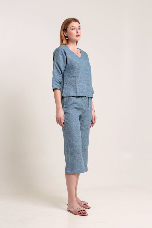 Blue Floral Hand Block Printed Pure Linen Co-ord Set with V-Neck Top and Wide-Leg Pants