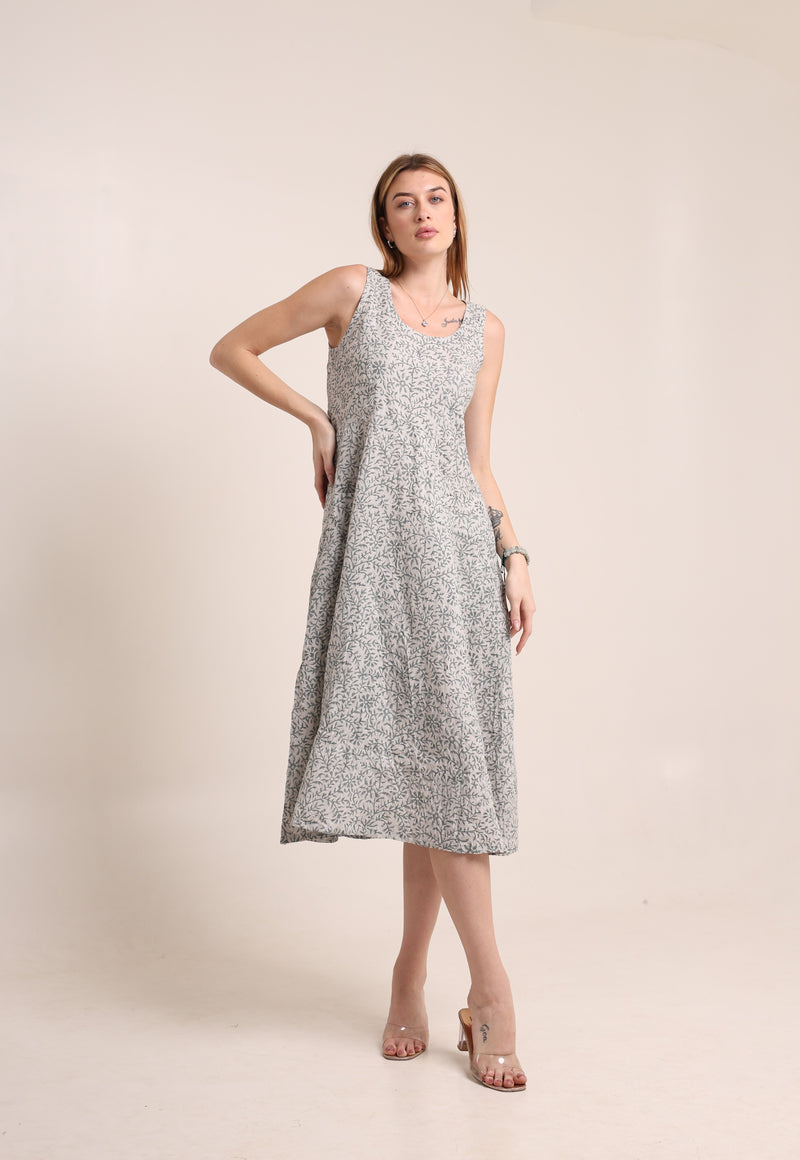 Linen Floral Printed Gown Dress