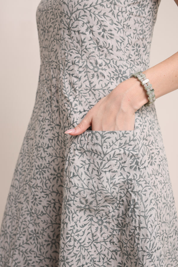 Linen Floral Printed Gown Dress