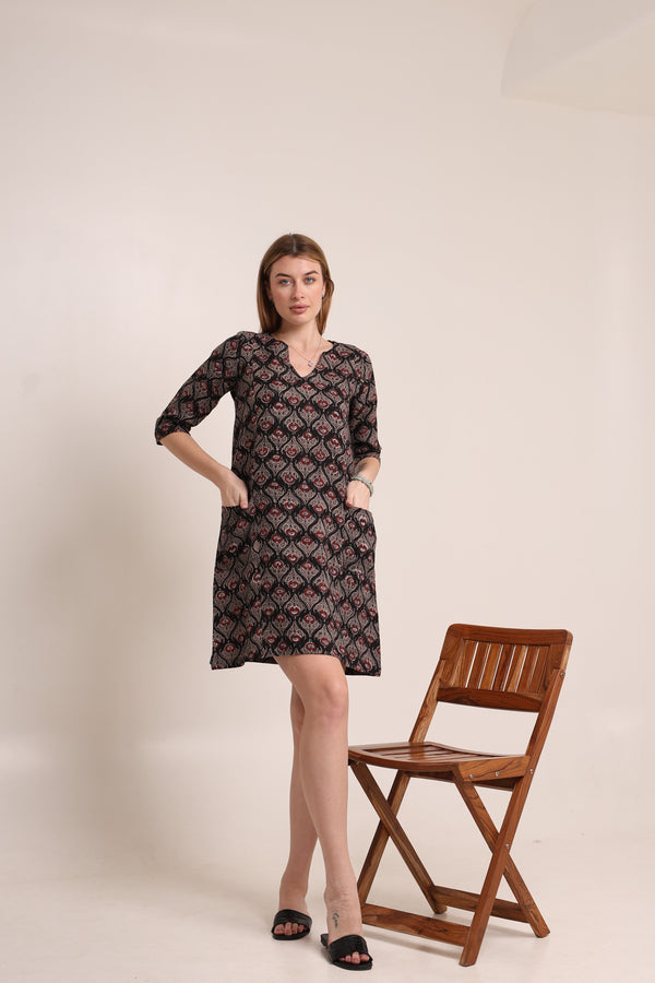 Women's Black Floral Print Dress with Pockets