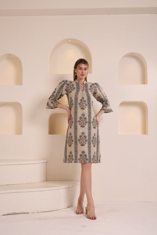 Linen floral block printed in Border Design one pieces dress 