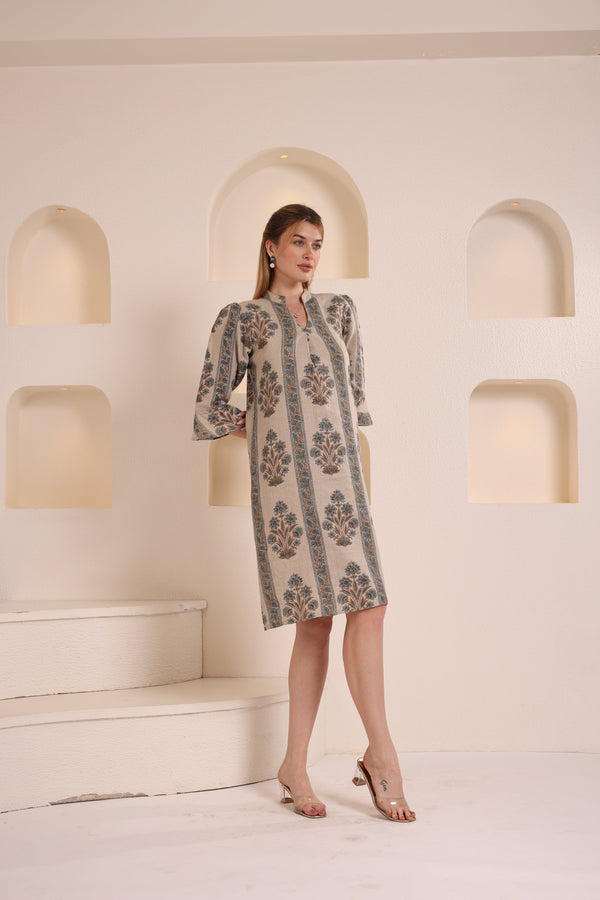 Linen floral block printed in Border Design one pieces dress 