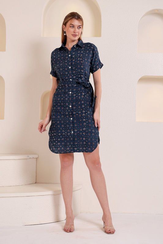 Block Printed Navy Blue Flroal Knee Length Linen Dress with Front Buttons & Side Belt