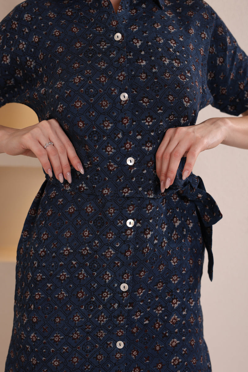 Stylish Navy Blue Floral Shirt Dress