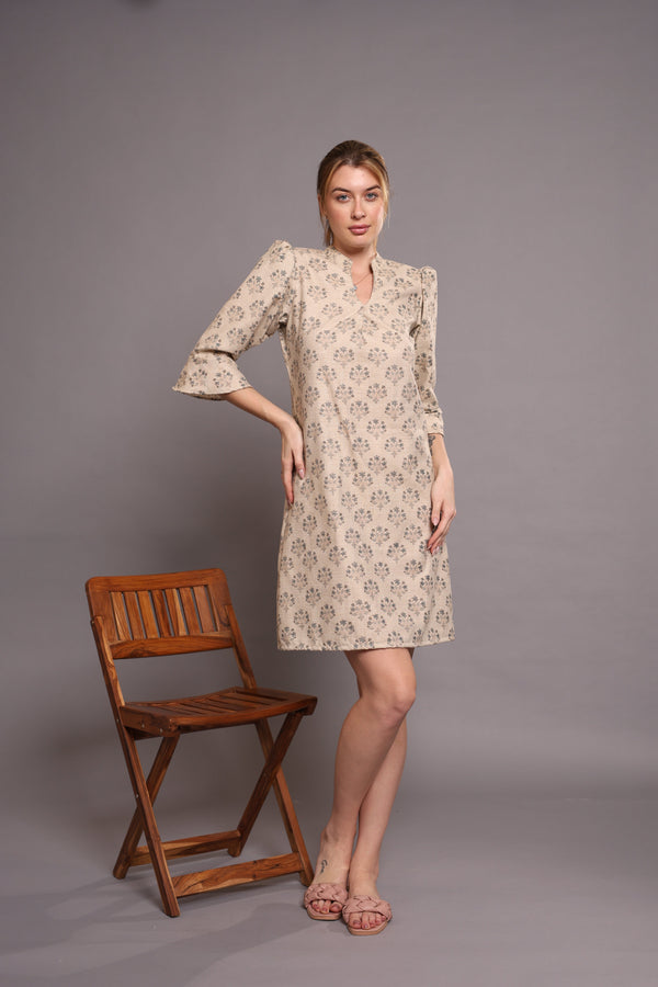 Linen block printed in Beige Color one pieces dress 