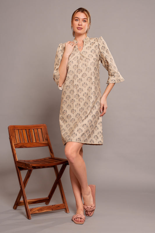 Block Printed Dark Vanilla Floral Pure Linen Dress in V-Neck 3/4 Sleeves Above Knee-Length
