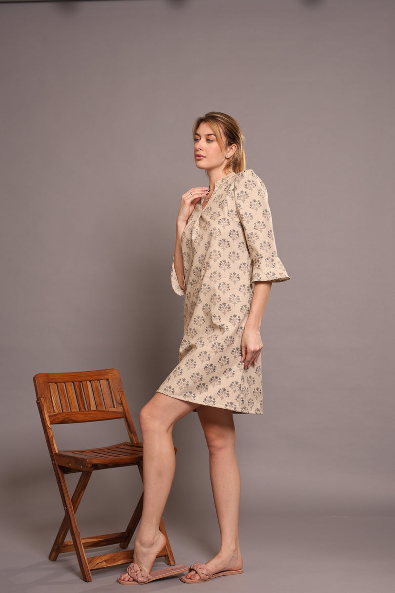 Linen block printed in Beige Color one pieces dress 