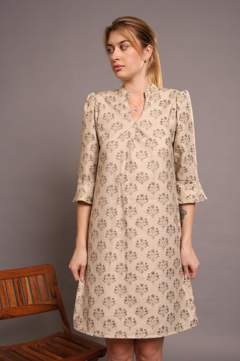 Linen block printed in Beige Color one pieces dress 