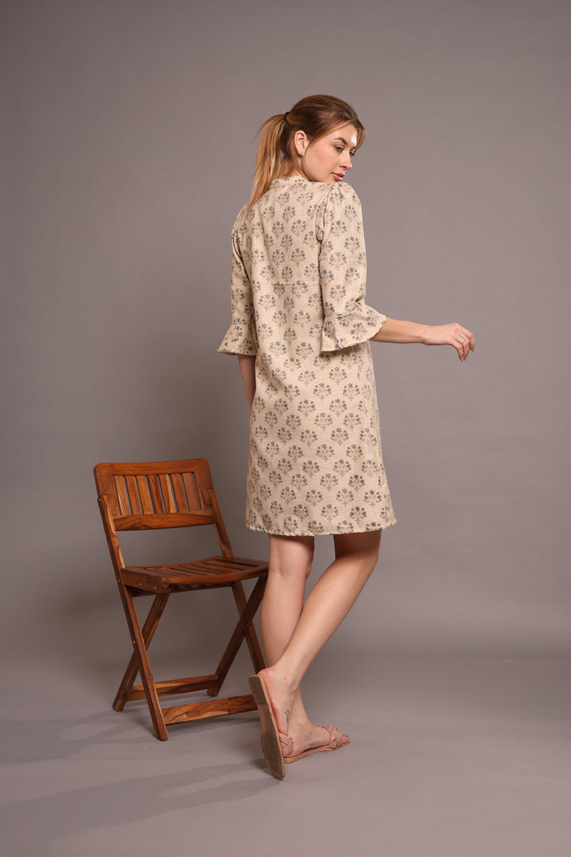 Linen block printed in Beige Color one pieces dress 