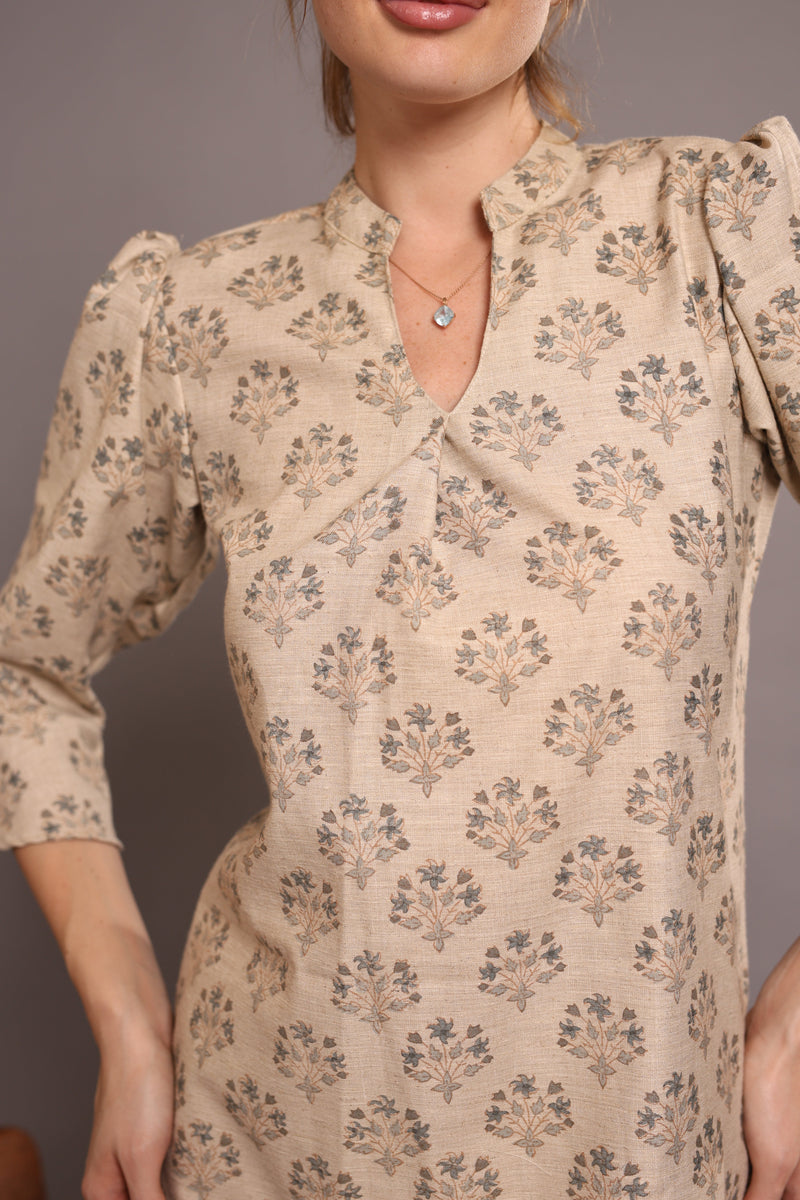 Linen block printed in Beige Color one pieces dress 