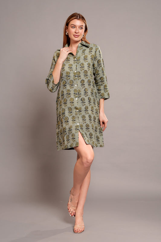 Artisan Handmade Block Print Linen Shirt Dress Elegant Green Floral Design with Custom Sizing