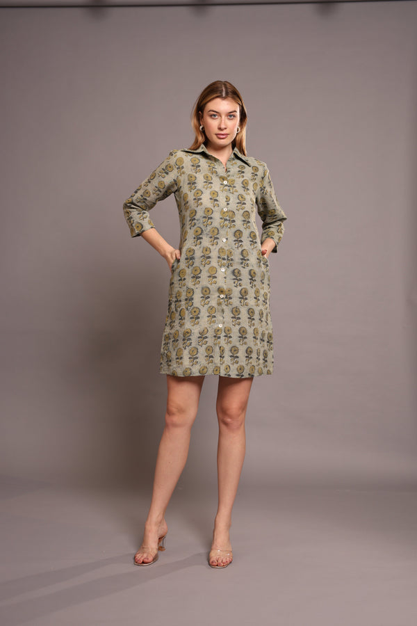 Linen Block Printed Knee-Length Dress - Floral A-Line Dress with 3/4 Sleeves & Pockets