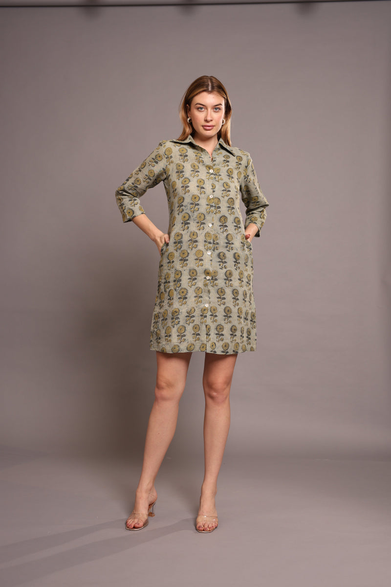 Linen Block Printed Knee-Length Dress - Floral A-Line Dress with 3/4 Sleeves & Pockets