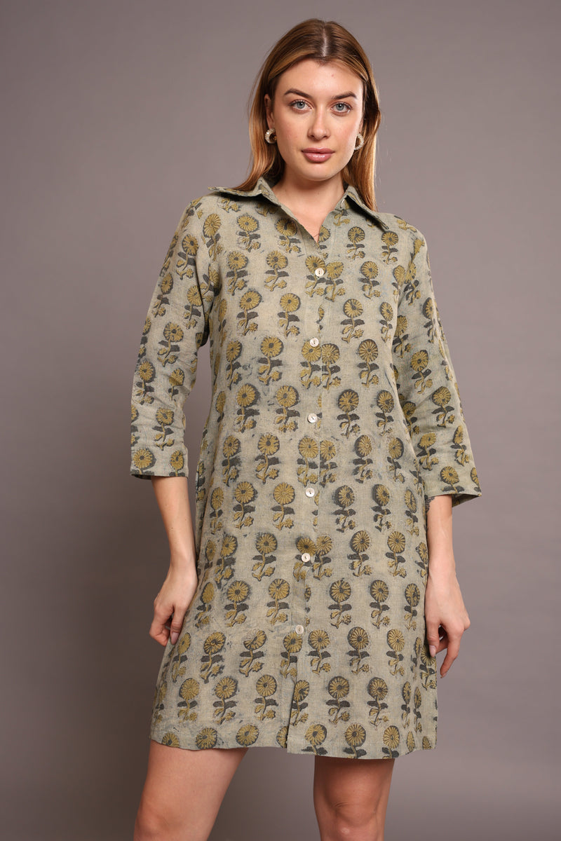 Linen Block Printed Knee-Length Dress - Floral A-Line Dress with 3/4 Sleeves & Pockets