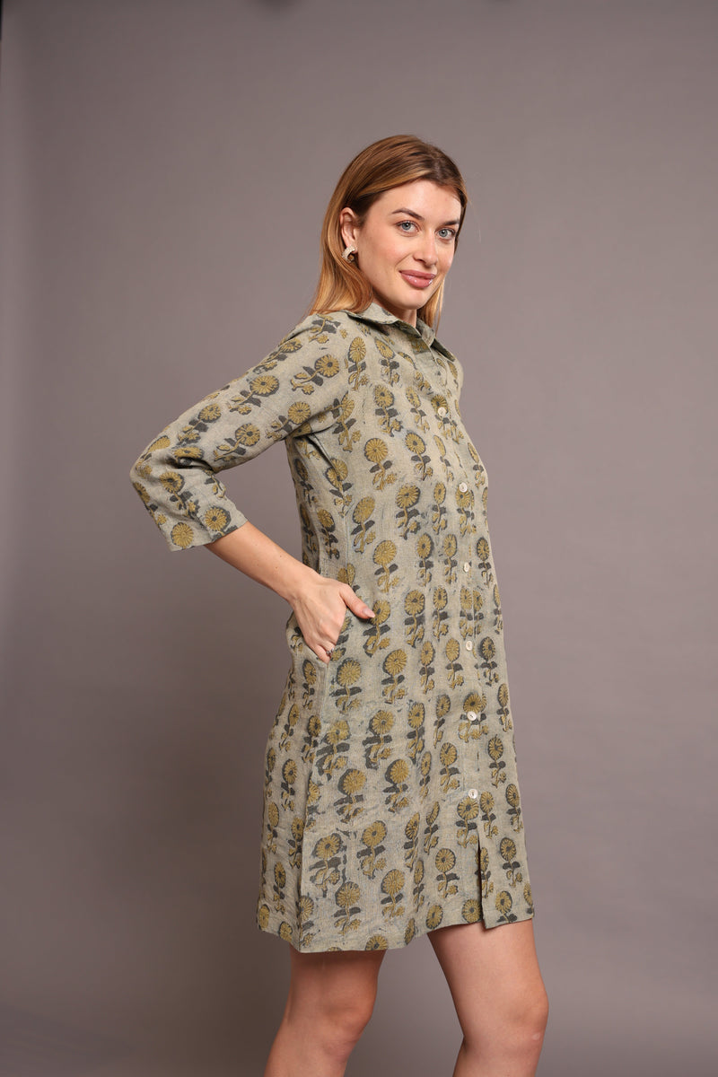 Linen Block Printed Knee-Length Dress - Floral A-Line Dress with 3/4 Sleeves & Pockets