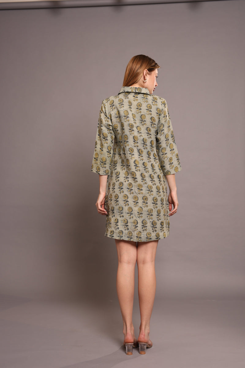 Linen Block Printed Knee-Length Dress - Floral A-Line Dress with 3/4 Sleeves & Pockets