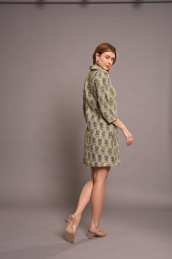 Linen Block Printed Knee-Length Dress - Floral A-Line Dress with 3/4 Sleeves & Pockets