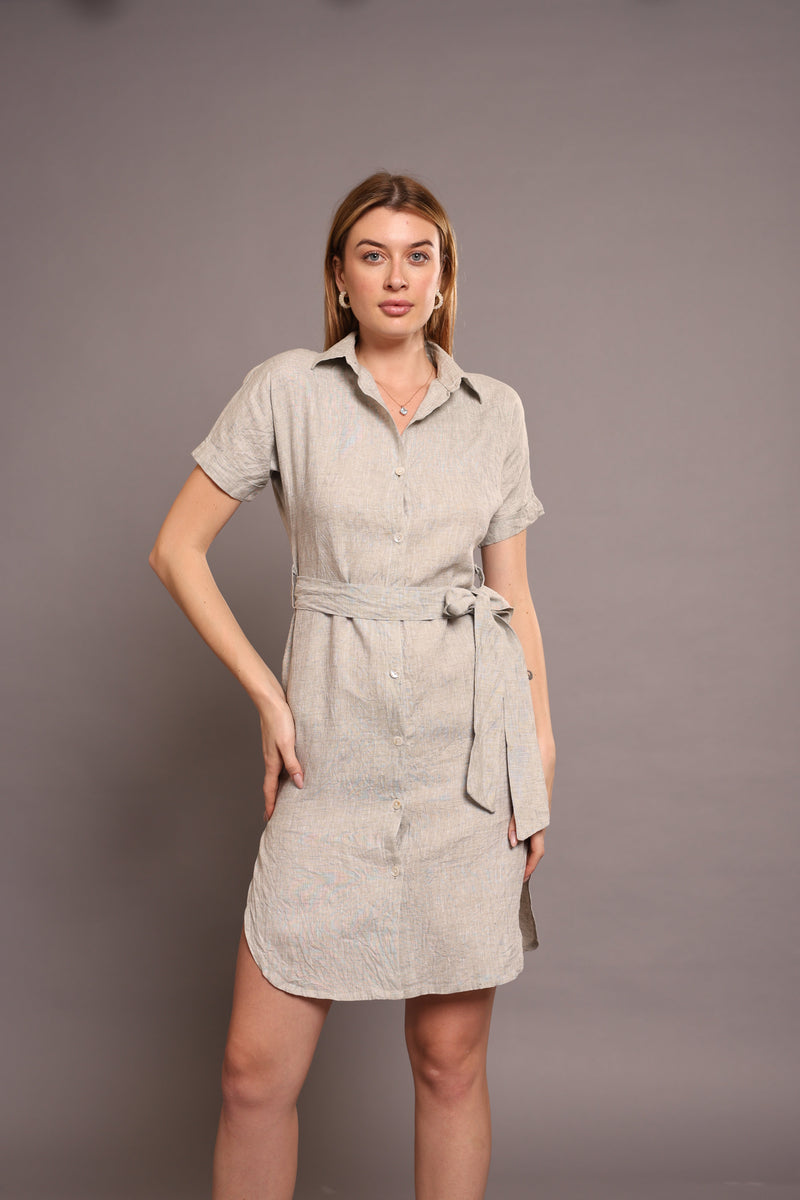 Linen Shirt dress in grey Color With Blet 