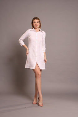 Linen white Knee-Length Dress - A-Line Dress with 3/4 Sleeves & Pockets