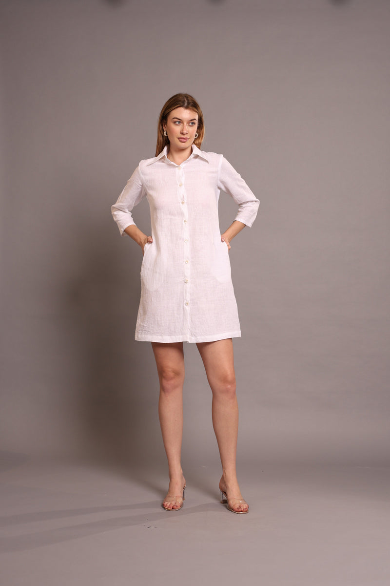 Linen white Knee-Length Dress - A-Line Dress with 3/4 Sleeves & Pockets