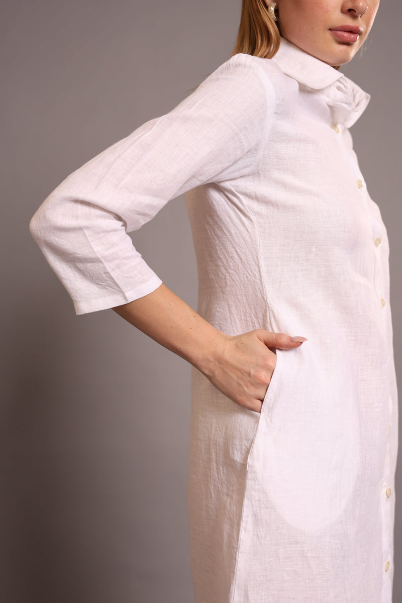 Linen white Knee-Length Dress - A-Line Dress with 3/4 Sleeves & Pockets