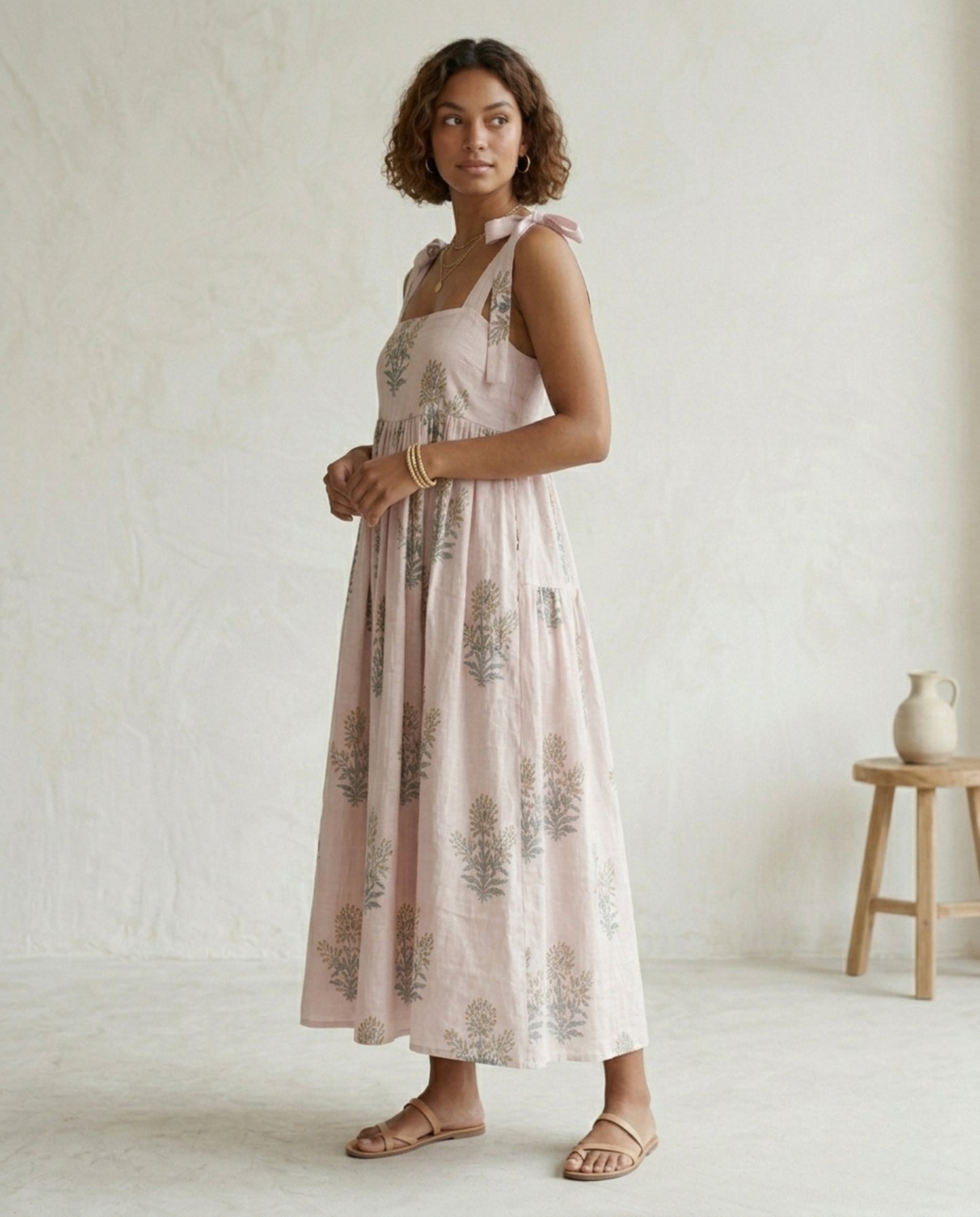 Blush Pink Linen Midi Dress – Hand Block Print A-Line Gathered Tie Strap