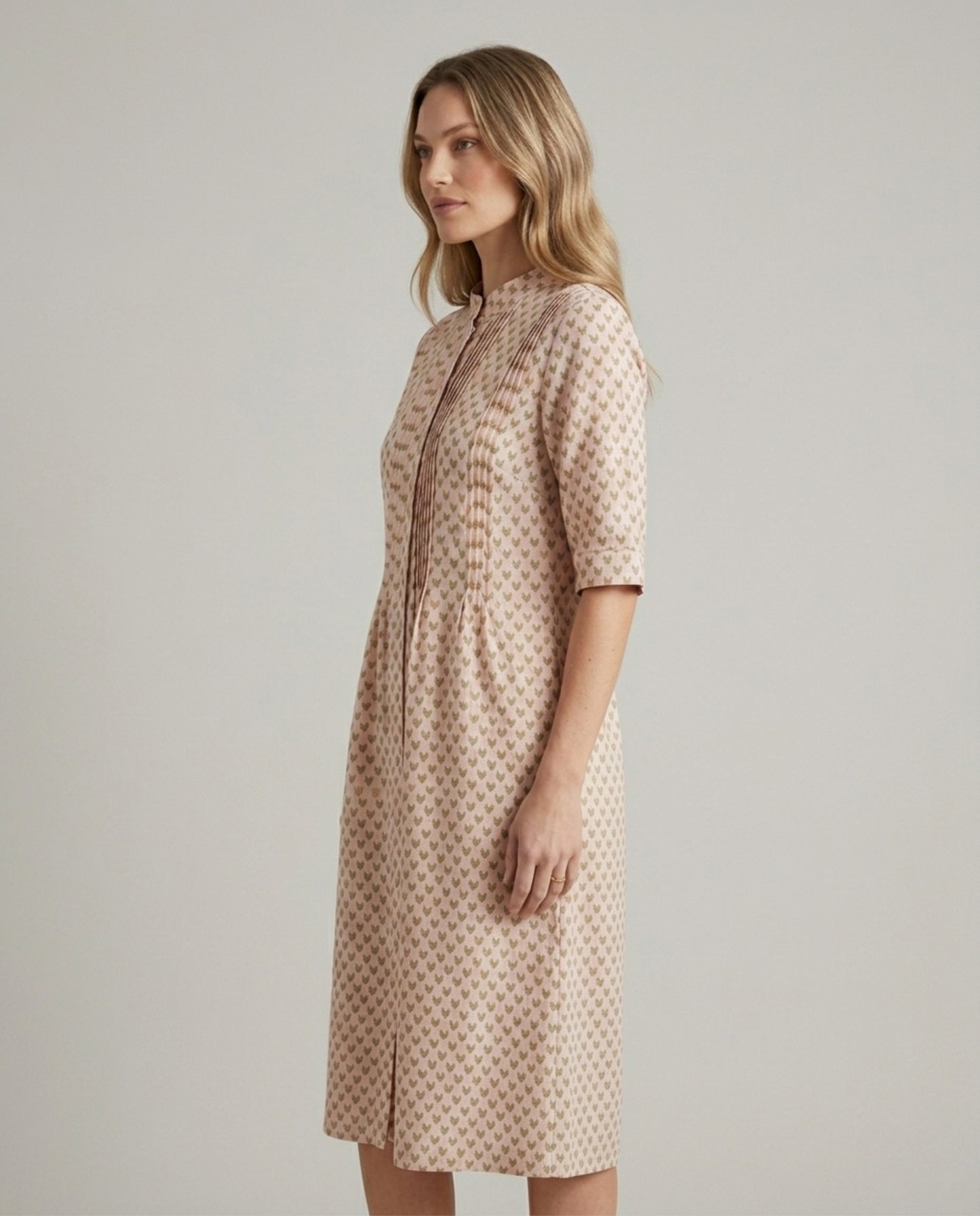 Block Print Blush Pink Linen Pintuck Tunic Shirt Dress with Mandarin Collar