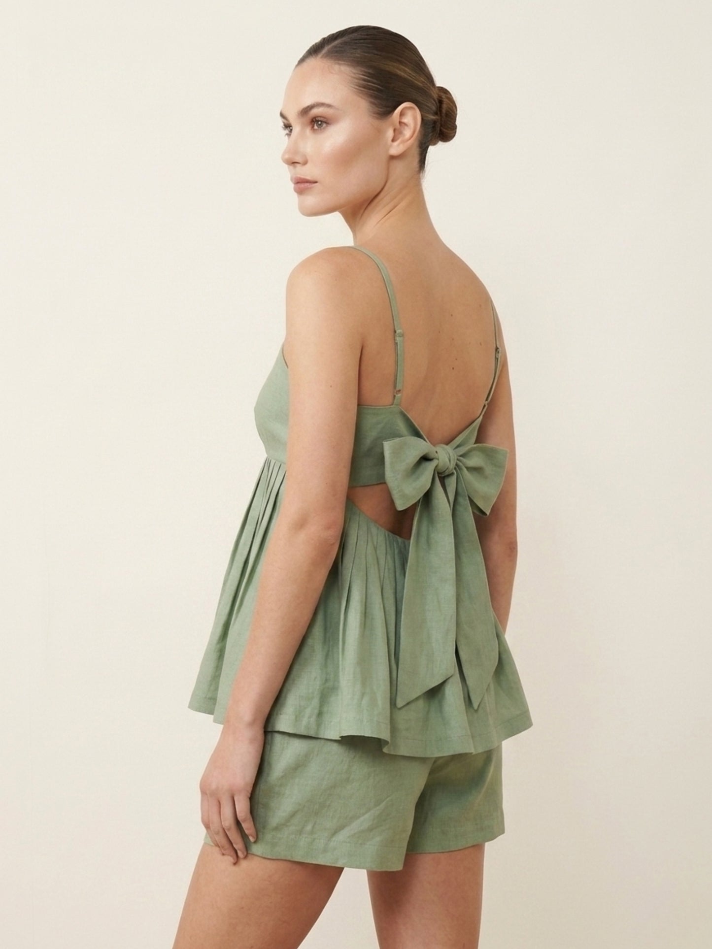Handmade Solid Linen Sage Green Relaxed Strap Top Short Co-ord Set