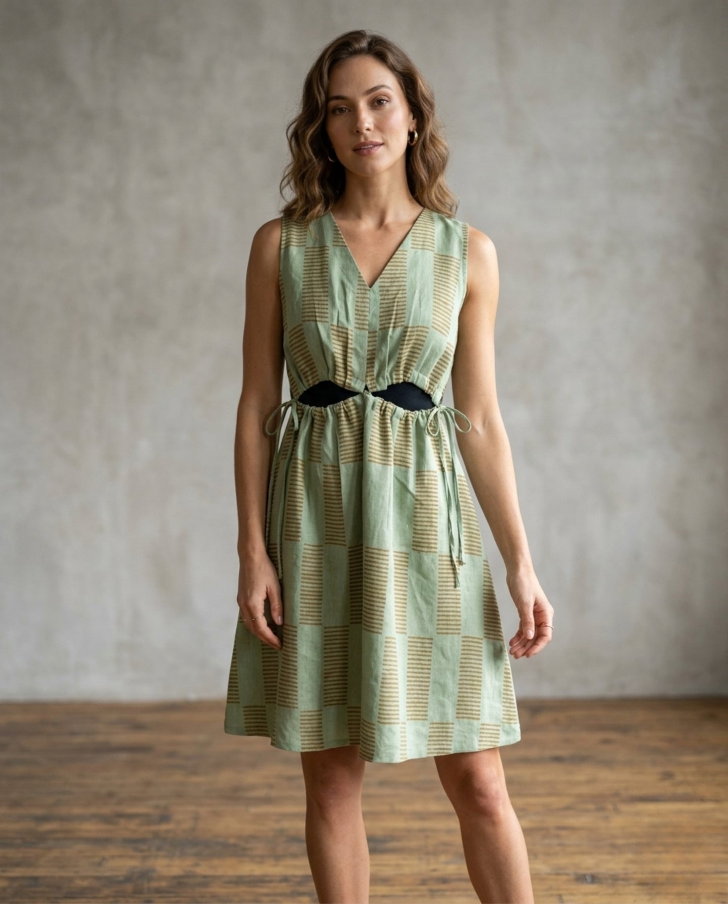 Block Print Sage Green Pure Linen V-Neck A-Line Dress with Tie Waist