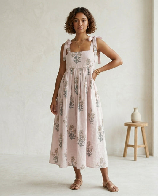 Blush Pink Linen Midi Dress – Hand Block Print A-Line Gathered Tie Strap