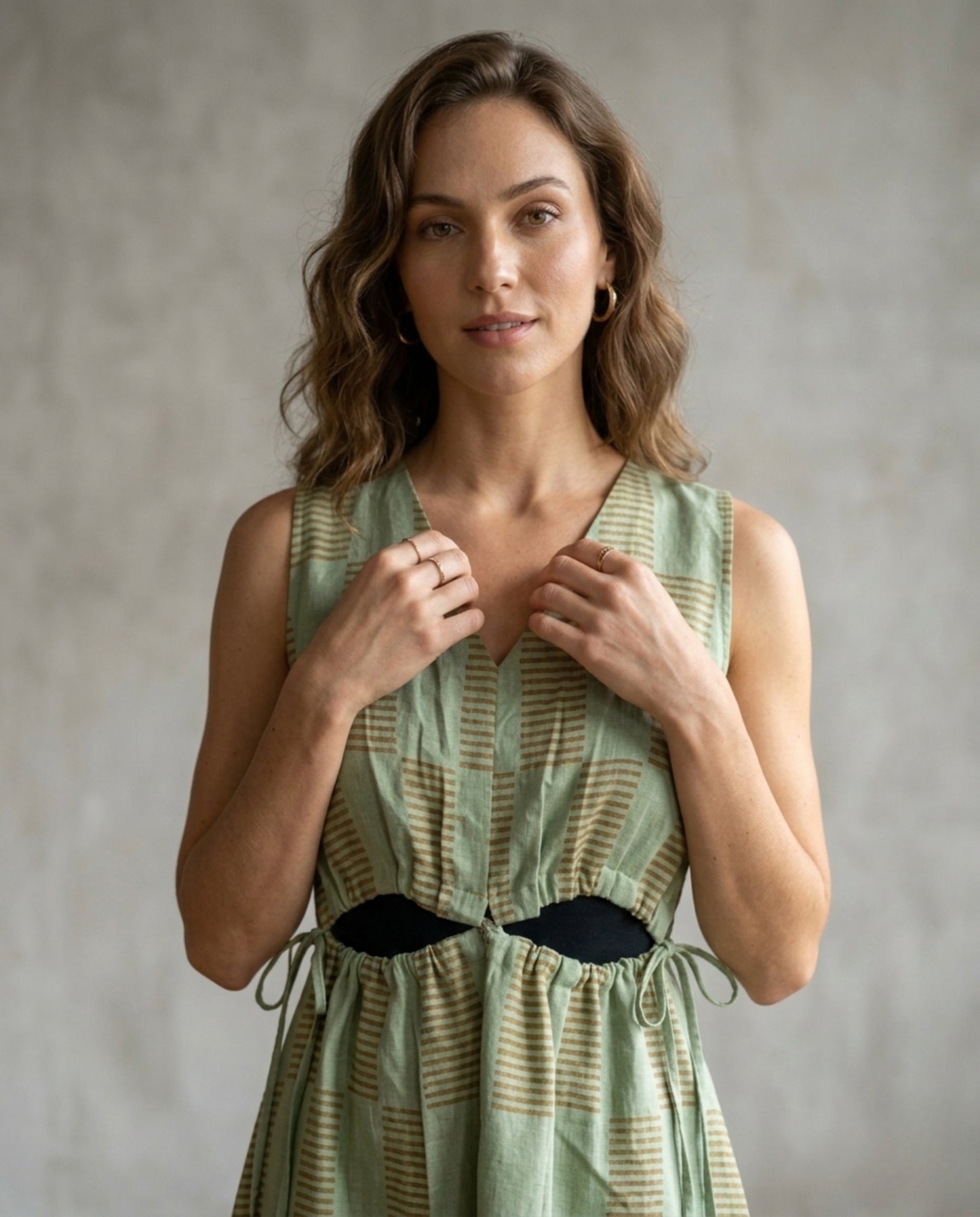 Block Print Sage Green Pure Linen V-Neck A-Line Dress with Tie Waist