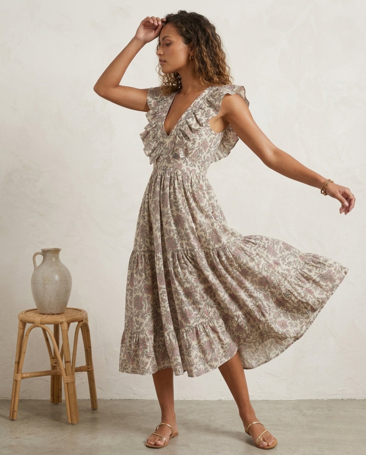 Off-White Linen Midi Dress – Hand Block Printed Empire Waist Ruffle Collar
