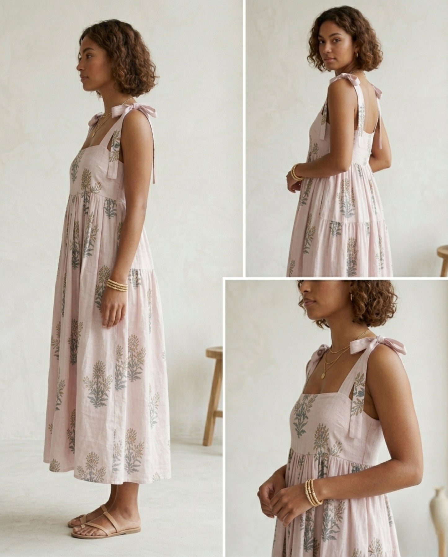 Blush Pink Linen Midi Dress – Hand Block Print A-Line Gathered Tie Strap