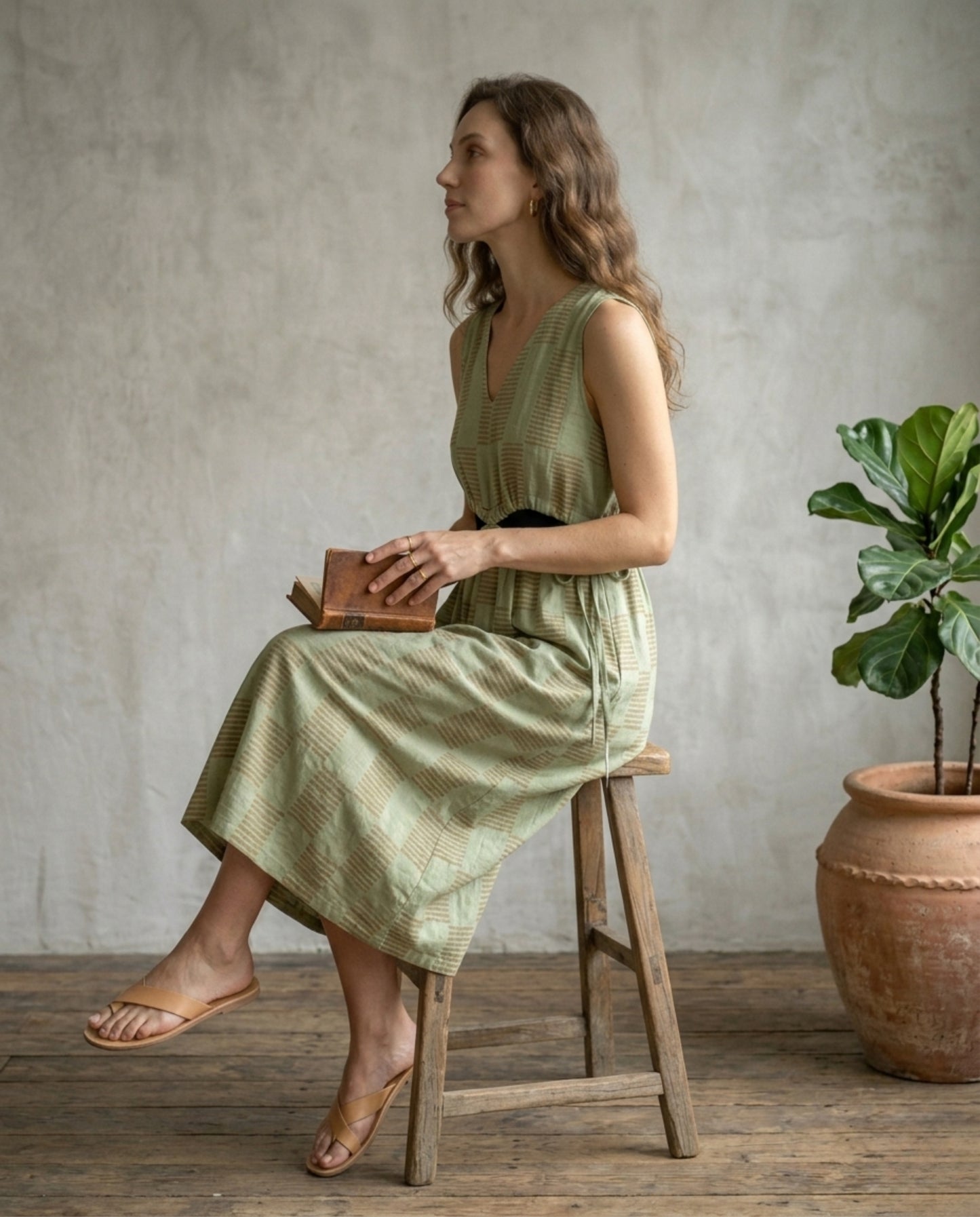 Block Print Sage Green Pure Linen V-Neck A-Line Dress with Tie Waist