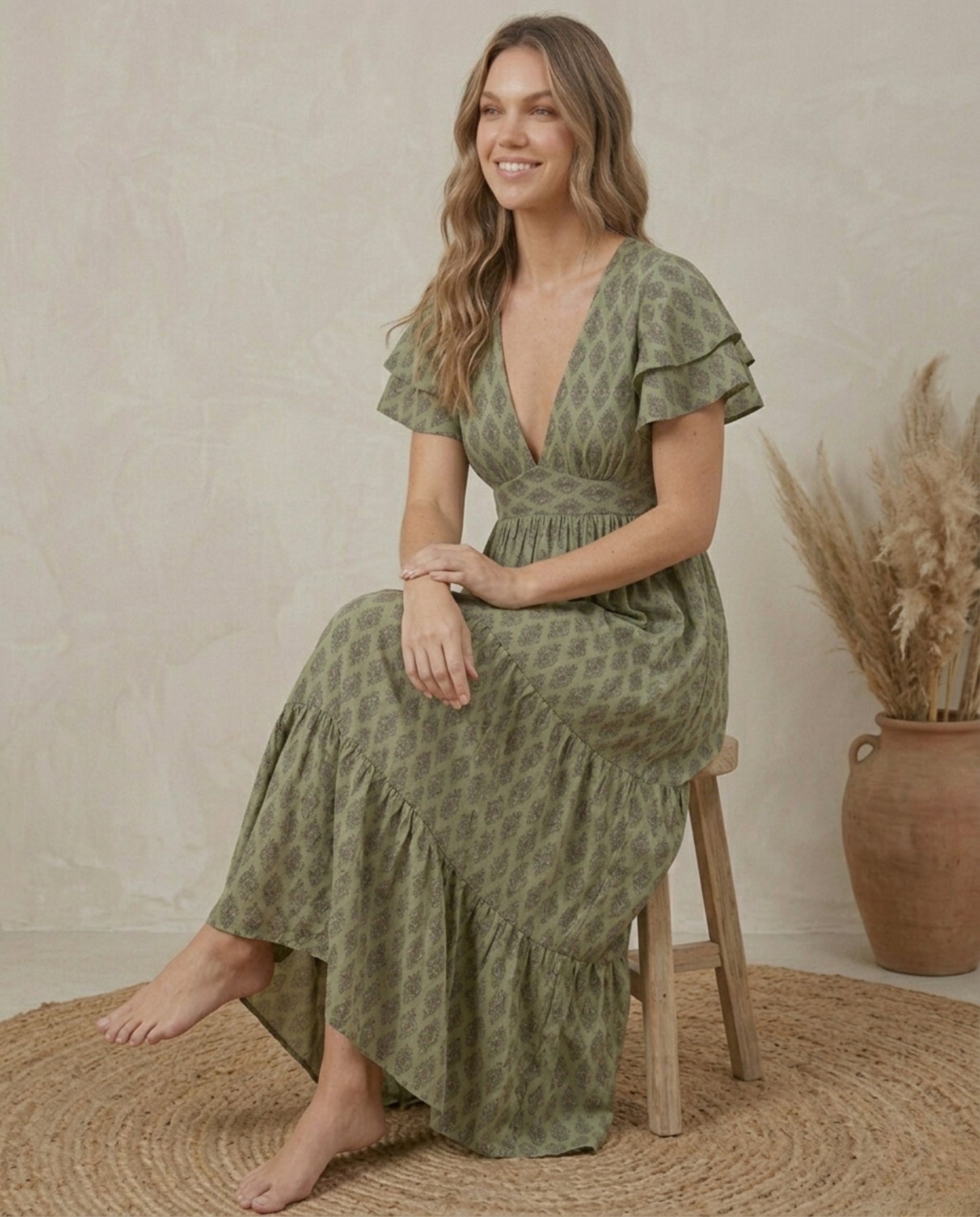 Sage Green Linen Midi Dress – Block Print Empire Waist | 60 Lea