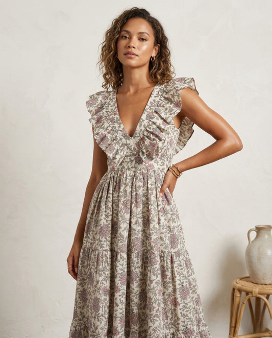 Off-White Linen Midi Dress – Hand Block Printed Empire Waist Ruffle Collar