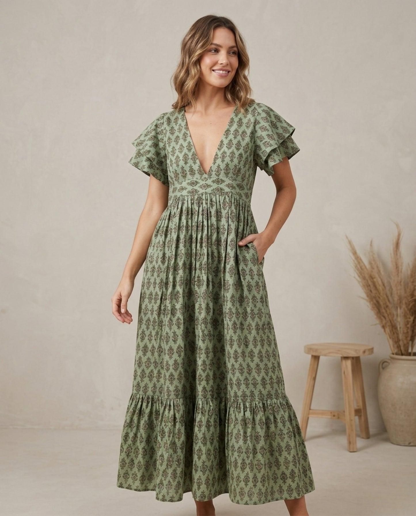 Sage Green Linen Midi Dress – Block Print Empire Waist | 60 Lea