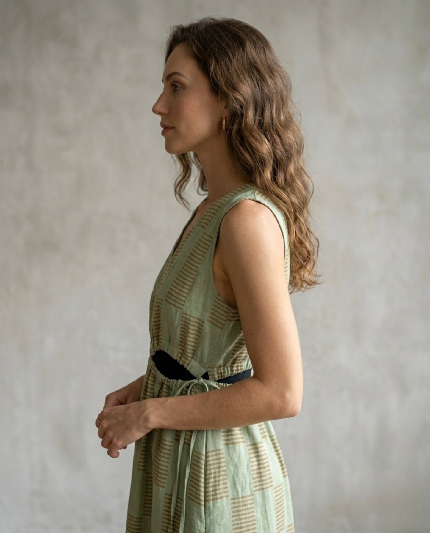 Block Print Sage Green Pure Linen V-Neck A-Line Dress with Tie Waist