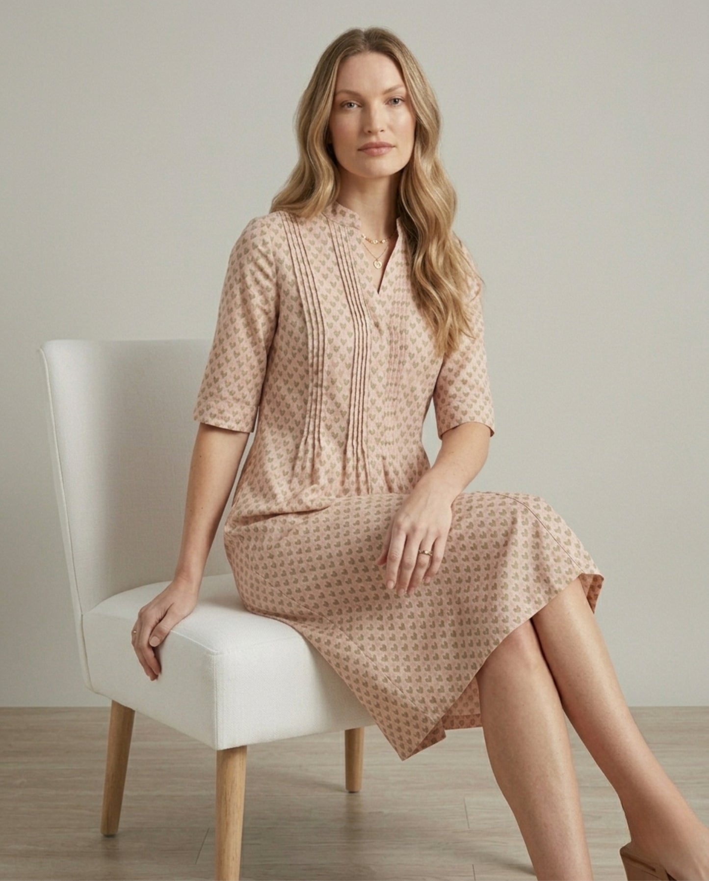 Block Print Blush Pink Linen Pintuck Tunic Shirt Dress with Mandarin Collar