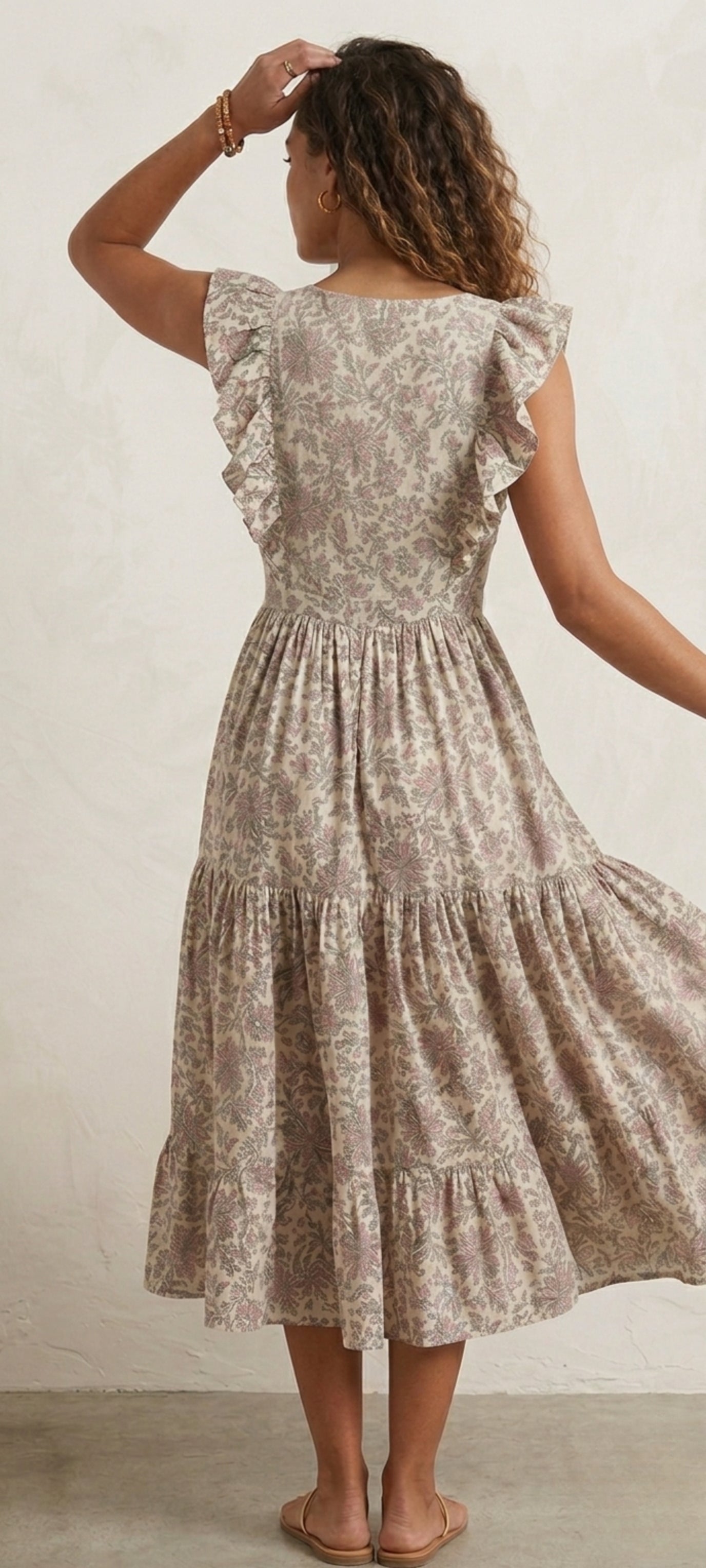 Off-White Linen Midi Dress – Hand Block Printed Empire Waist Ruffle Collar