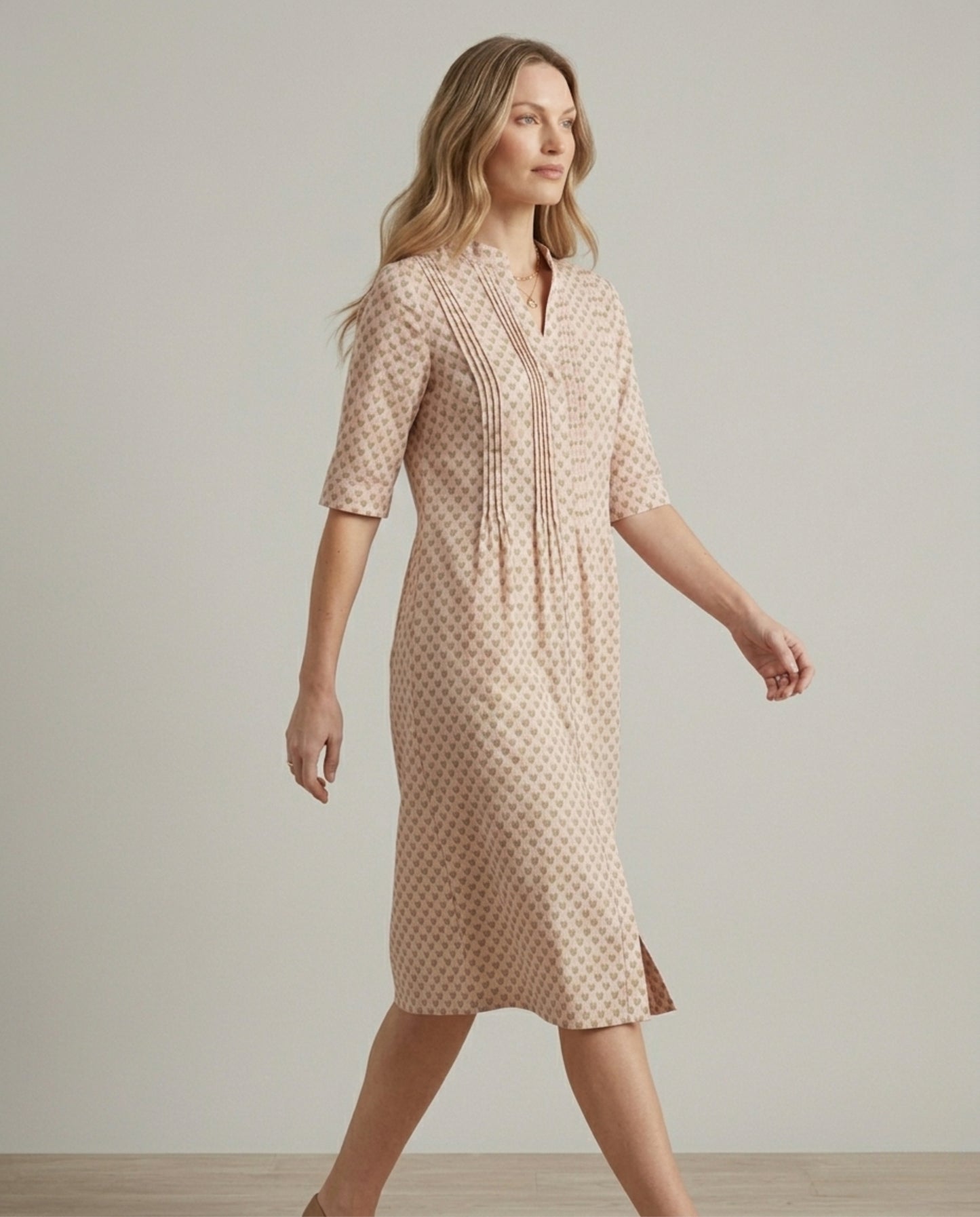 Block Print Blush Pink Linen Pintuck Tunic Shirt Dress with Mandarin Collar