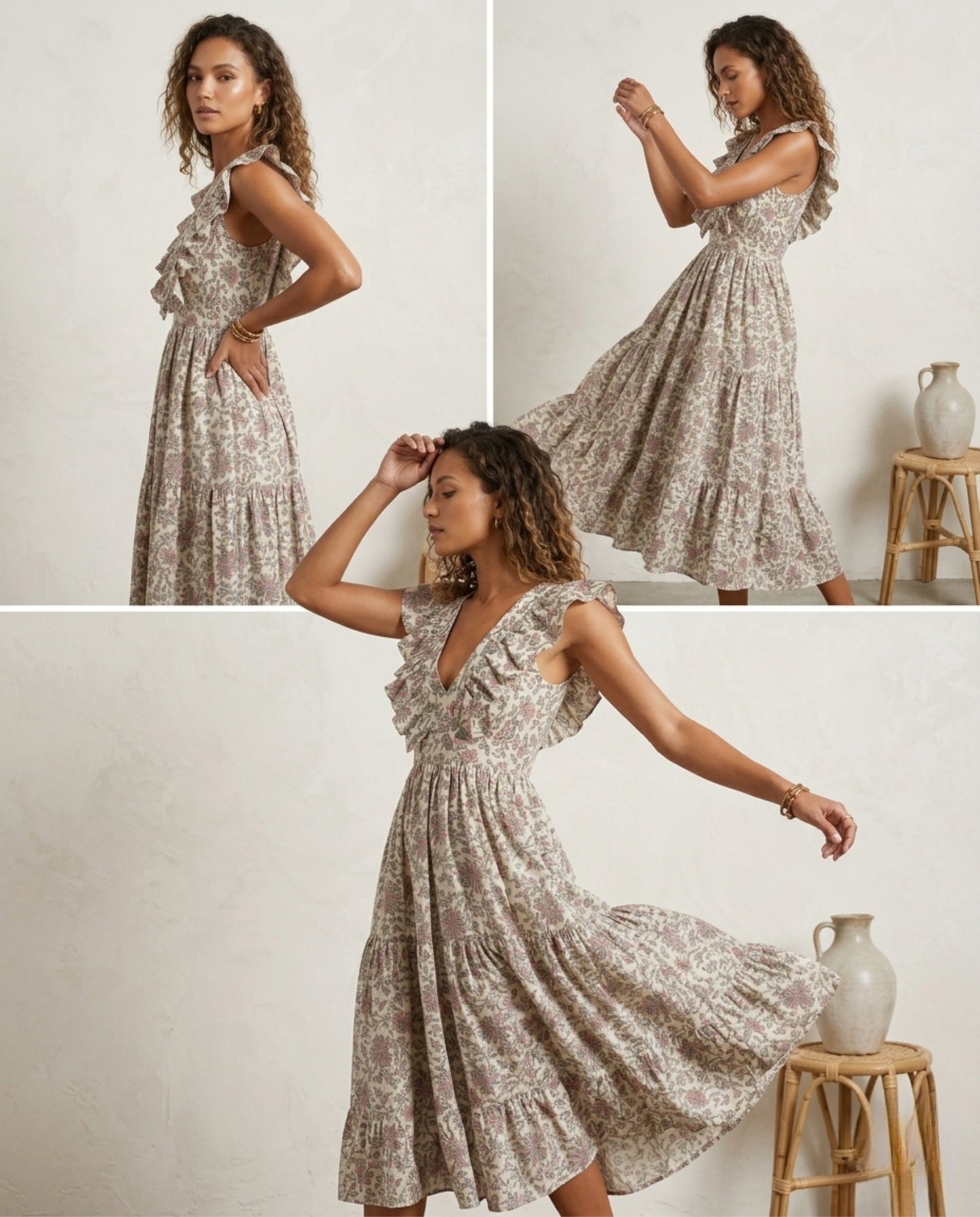 Off-White Linen Midi Dress – Hand Block Printed Empire Waist Ruffle Collar