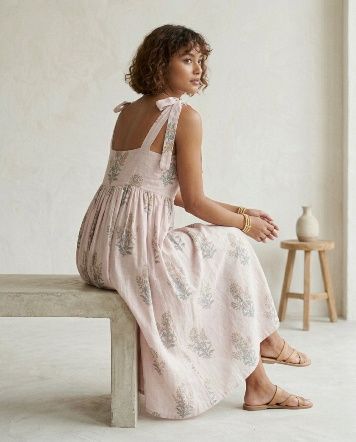 Blush Pink Linen Midi Dress – Hand Block Print A-Line Gathered Tie Strap